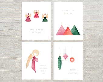 Christmas Greeting Card Set - Religious Holiday Cards with Angels - Modern Watercolor Christmas Cards - Set of 4 Christian Holiday Cards