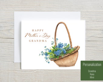 Mother's Day card for Grandma, Mimi, Nana personalization, watercolor botanical stationary - basket of forget me nots, floral greeting card,