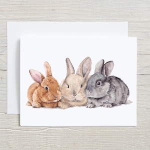 Adorable Trio of Bunnies Greeting Card, Bunnies note card, woodland greeting card, rabbits, rustic stationary, blank card with envelope