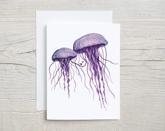 Jellyfish Love Watercolor Card – Purple Ocean Art Greeting, Sea Life Illustration, Romantic Costal Blank