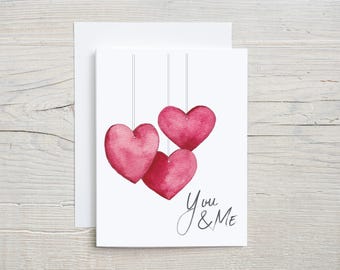 You & Me Valentine's Day Card - Watercolor Hanging Hearts - Romantic Anniversary or Love Greeting Card, Hand-painted love note