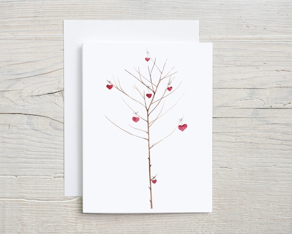 Tree with Hearts Card,  Valentine Watercolor Stationary, Hand-painted love notes, Folded Card with Envelopes, set of 4 or 8