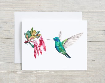 Turquoise Hummingbird card - watercolor greeting card - Gift for gardener - bird stationary - blank card set of 4 or 8