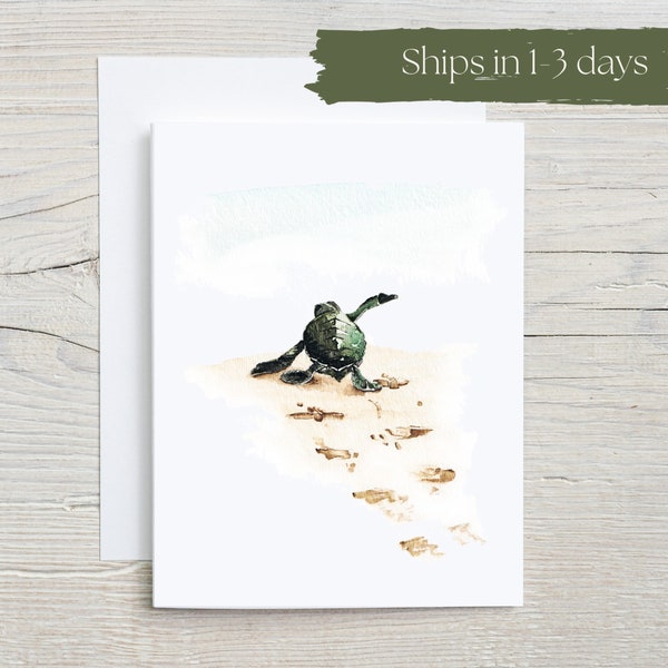 Green baby turtle note card, marine greeting card, seaside stationary, sea turtle gift, blank card with envelope