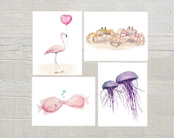 Beach Valentine Card Set – Watercolor Ocean Animal Love Cards, Coastal Valentine’s Day Cards, Cute Romantic Greetings, Cards set of 4/ 8