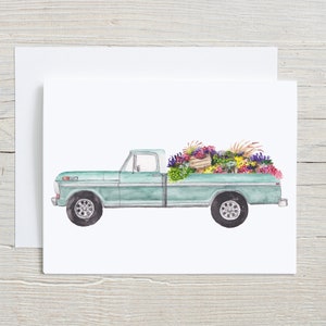 Flower Truck Note Card,  Spring Watercolor Stationary set, Truck with Flowers, Folded Card with Envelopes, set of 4 or 8