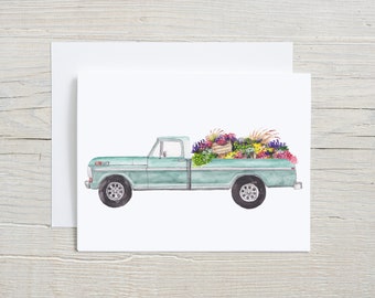 Flower Truck Note Card,  Spring Watercolor Stationary set, Truck with Flowers, Folded Card with Envelopes, set of 4 or 8