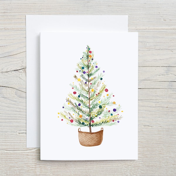 Watercolor Christmas Tree Card | Colorful Holiday Tree | Farmhouse Christmas Card | Modern Festive Stationery | Botanical Holiday Art