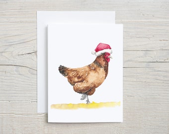 Christmas Chicken Note Card,  Winter Watercolor Stationary set, Santa hat, Christmas Card with Envelopes, Set of 4 or 8