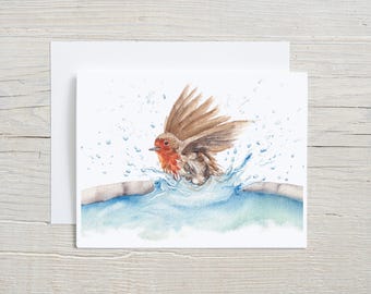 Robin Bird Bath Watercolor Card | Wildlife Nature Card | Spring Blank Inside Notecard | Bird Lover Gift | Everyday Card | Handmade Art Card