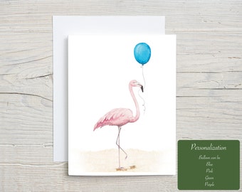 Flamingo with balloon Card,  Birthday Watercolor Stationary, Hand-painted love notes, Folded Card with Envelopes, set of 4 or 8