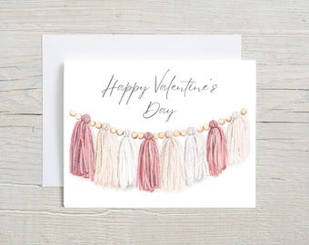Happy Valentine’s Day Card - Watercolor Yarn Tassel Garland Design, Romantic Greeting Card for Valentine's Gift, Pink and White Love Card
