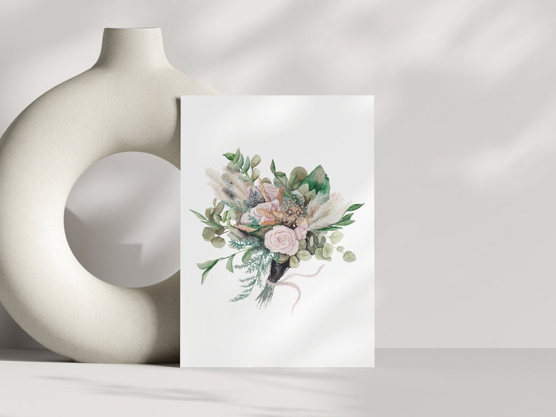 Floral bouquet note card, Boho Wedding card, Botanical Valentine's Card, Rose greeting card, folded card with envelopes, set of 4 for 8 image 8