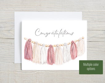 Congratulations card,  Baby shower card, Boho Watercolor Stationary, wood bead and yarn garland, Hand-painted note, set of 4 or 8
