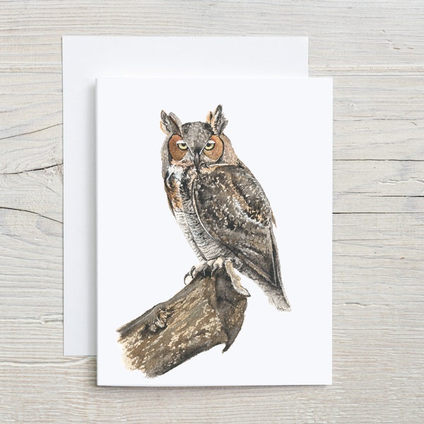 Owl note card, Great Horned Owl, bird greeting card, backyard birds stationary, folded blank card, set of 4 or 8