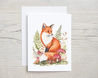 Fox Greeting Card, Sitting Woodland Fox, Watercolor Fall Art