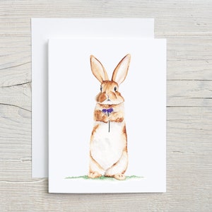 Rabbit with flower note card, woodland greeting card, Bunny postcard, rustic stationary, blank card, card with envelope image 1