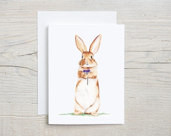 Rabbit with flower note card, woodland greeting card, Bunny postcard, rustic stationary, blank card, card with envelope