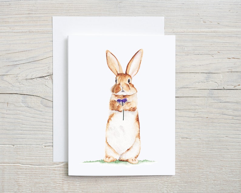 Rabbit with flower note card, woodland greeting card, Bunny postcard, rustic stationary, blank card, card with envelope image 1