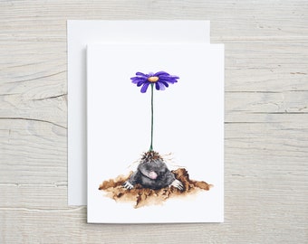 Whimsical Mole Card with Purple Daisy – Nature-Inspired Stationery for All Occasions - Cute Mole, blank card with envelope set of 4 or 8