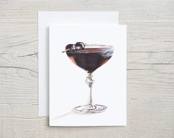 Black Manhattan Cocktail Card – Whiskey Lover Card, Bourbon Cocktail Art, Father’s Day, Mixology Gift, Bar Cart Decor, blank set of 4 or 8