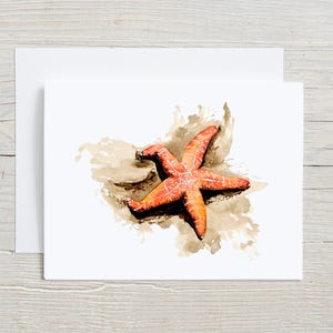 Orange Starfish Greeting Card – Coastal Watercolor Beach Art Card – Blank Ocean-Inspired Card for Beach Lovers, Nautical Stationery