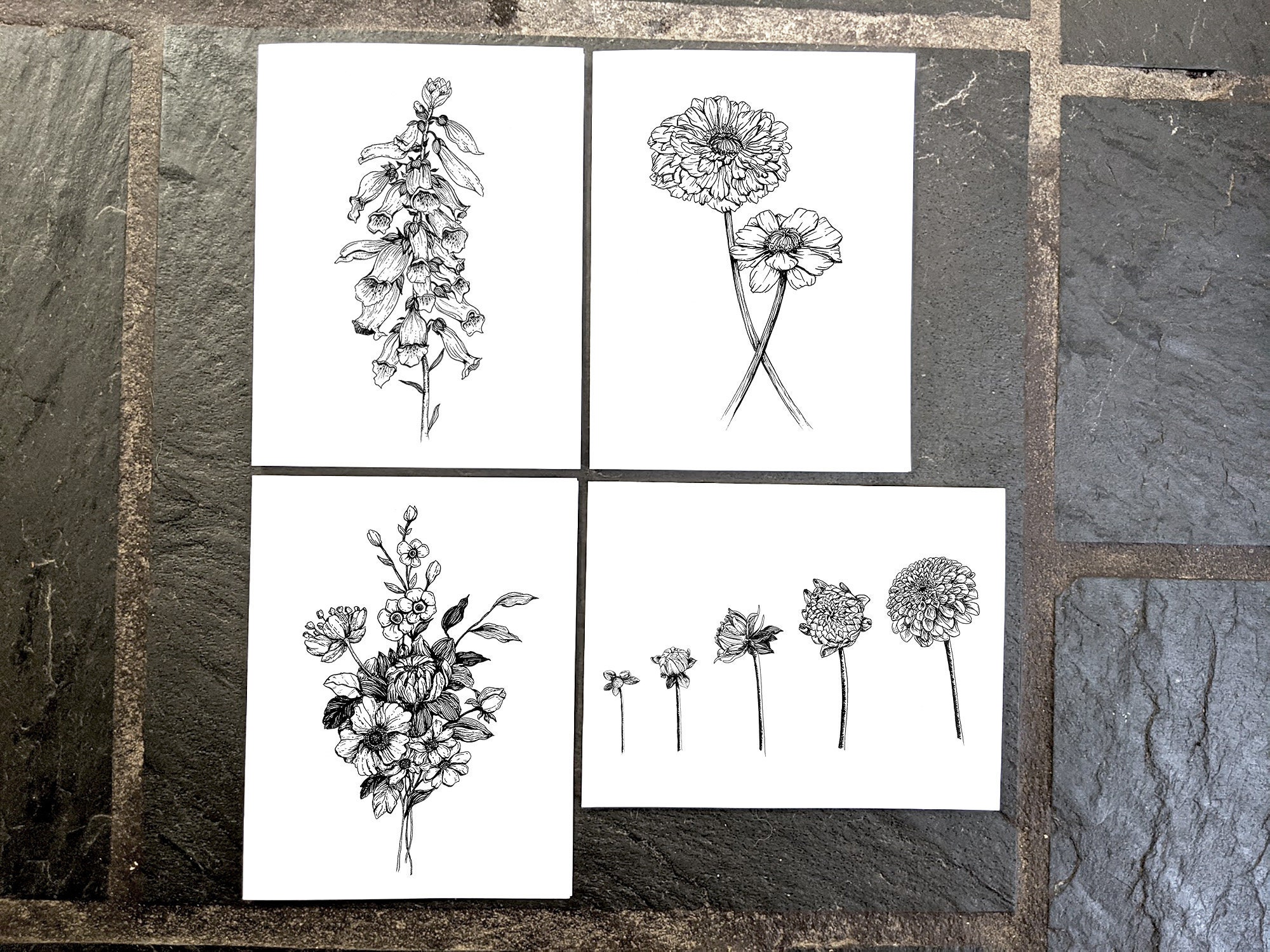 Black and white floral cards florals note card set botanical | Etsy