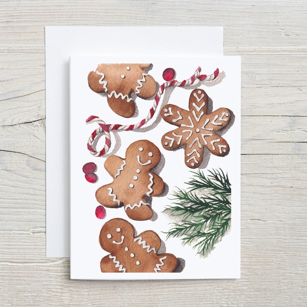 Holiday Gingerbread Note Card,  Winter Watercolor Stationary set, Gingerbread Cookies, Folded Card with Envelopes, set of 4 or 8