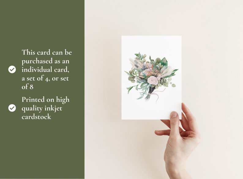 Floral bouquet note card, Boho Wedding card, Botanical Valentine's Card, Rose greeting card, folded card with envelopes, set of 4 for 8 image 2