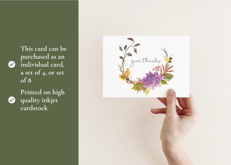 May include: A watercolor thank you card with a floral wreath in shades of purple, yellow, and orange. The text "give thanks" is written in the center of the wreath.