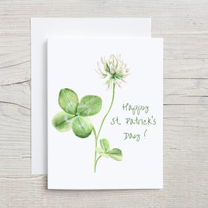 St. Patrick’s Day Card – Watercolor Four-Leaf Clover & White Clover Flower – Irish Luck Greeting Card, Set of 4 or 8
