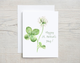 St. Patrick’s Day Card – Watercolor Four-Leaf Clover & White Clover Flower – Irish Luck Greeting Card, Set of 4 or 8