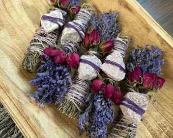Lepidolite, Sage, Rosemary and Lavender Smudge Stick