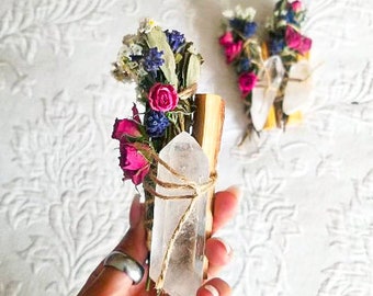 Quartz Crystal, Sage, Rosemary, Lavender Palo Santo and Spray Rose Smudge Stick Bundle