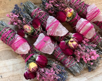 Rose Quartz, Rosemary, Sage and Lavender Smudge Stick