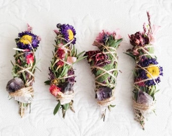 Amethyst, Sage, Rosemary, Lavender and Wild Flower Smudge Stick