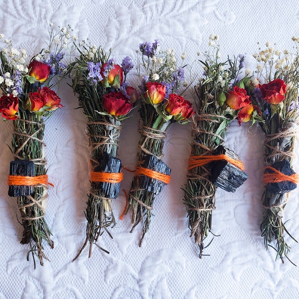 Black Tourmaline, Palo Santo, Sage, Rosemary and Wild Flower Smudge Bundle