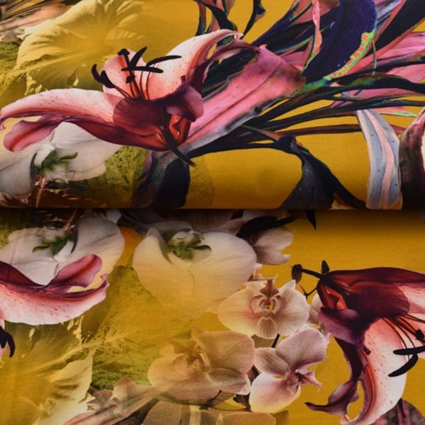 Jersey "Orchideen", senfgelb,  Fotoprint, Blumen, Baumwolle, 210gr/m2