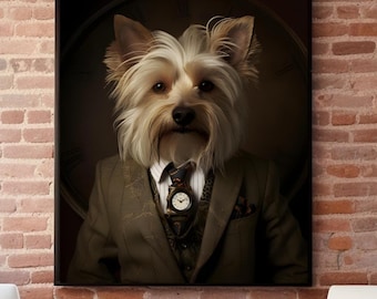 May include: A framed portrait of a Yorkshire Terrier wearing a suit and pocket watch hangs on a brick wall. Two white armchairs with black frames face a dark wood coffee table. A pink mug and black cup sit on the table.