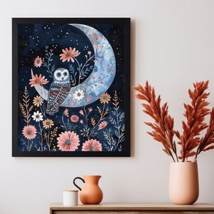 Whimsical Owl Moon Art Print: Nursery Home Decor (Digital Download)