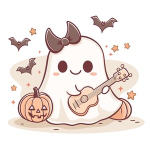 May include: A cute cartoon ghost with a black bow playing a ukulele. The ghost is surrounded by bats and stars. There is a pumpkin in the foreground.