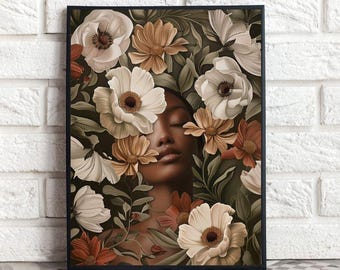 Floral Woman Portrait Art Print: Elegant Home Decor (Digital Download)