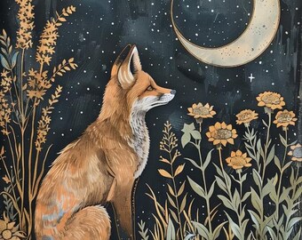 Whimsical Fox Moonlit Floral Art: Nature Printable (Digital Download)