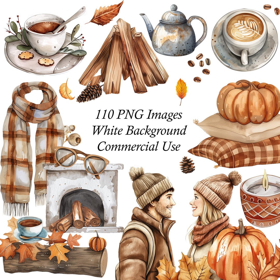 Cozy Autumn Watercolor Clipart Bundle 195 PNG Images Fall Leaves ...