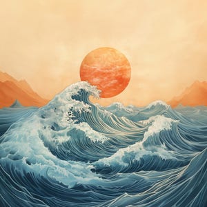 Oceaangolven bij zonsondergang Clipart - Serene landschapsillustratie