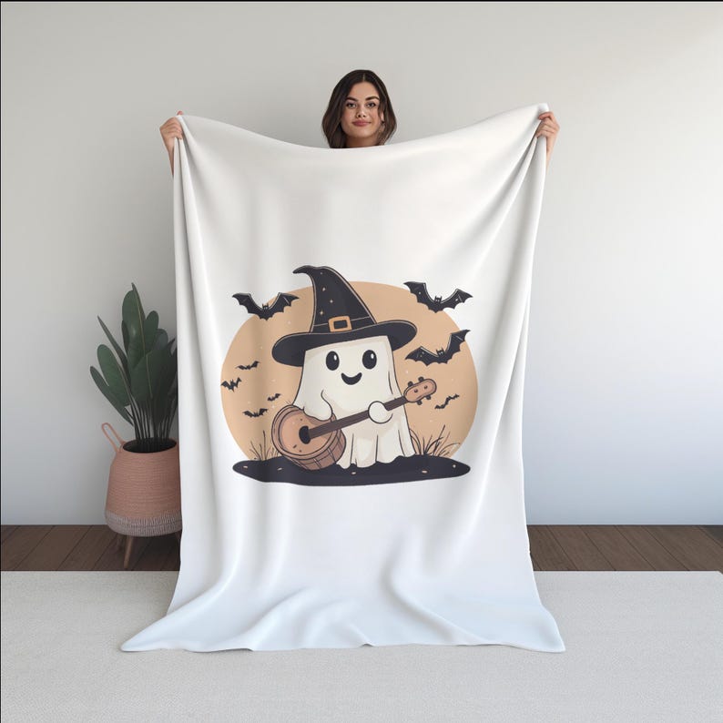 Cute Ghost Playing Banjo With Witch Hat Clipart Whimsical Halloween