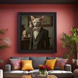 Könnte beinhalten: Ein gerahmtes Porträt einer haarlosen Katze, die einen Smoking und eine Fliege trägt. Die Katze schaut direkt in die Kamera. Das Porträt hängt an einer roten Wand über einem grauen Sofa mit bunten Kissen.