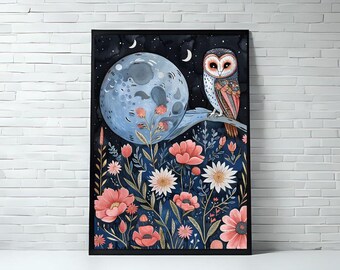 Whimsical Owl Moon Floral Art Print: Boho Home Decor (Digital Download)