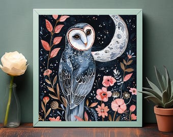 Floral Owl Moon Art Print: Boho Home Decor (Digital Download)