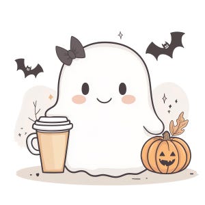 Netter Geist mit Kaffee und Kürbis Clipart | Kawaii Halloween-Geist PNG | Hochauflösend 300 DPI | Kommerzielle Nutzung | Sofort Download